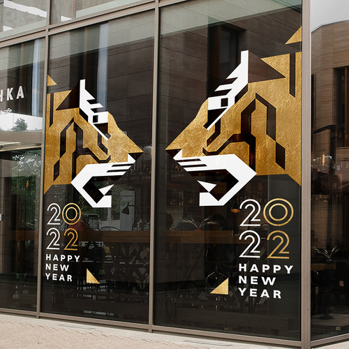 新年装饰品静电窗花贴画店铺橱窗布置玻璃门贴纸2022虎年装扮窗贴