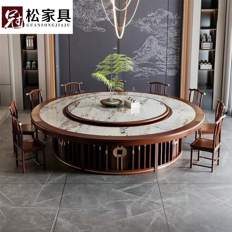 酒店电动大餐桌手动圆桌q转盘20人火锅桌圆形自动可带电磁炉新中