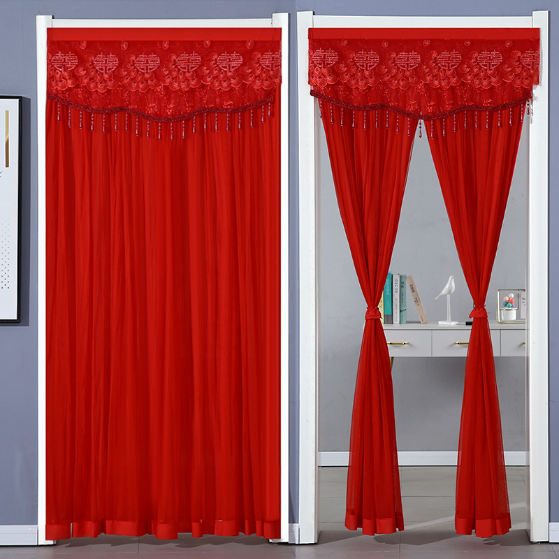 红色门帘免打孔喜庆n结婚婚庆大红纱帘挂帘卧室防蚊门帘隔断帘新