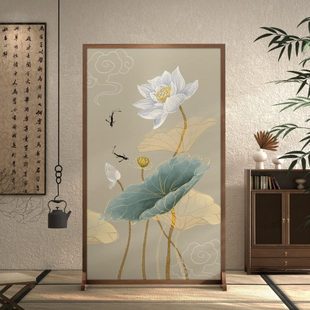 简约现代隔断入户布艺遮挡客厅木质屏风玄关装 新中式 饰移动座屏