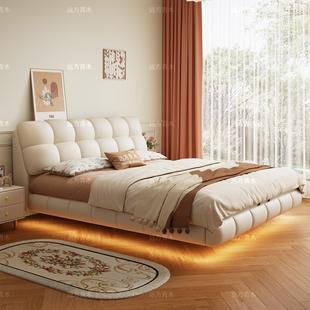 奶油风网红泡芙床牛奶绒悬浮床带灯奶油现代双人床收纳床主卧婚床