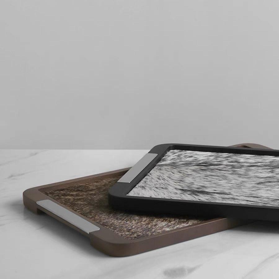 欧式轻奢简约长方形金属实木马毛托盘摆件样板间茶几玄关收纳盘