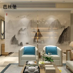 卷帘窗帘子软隔断屏风悬挂式 新中式 客厅办公室会所茶室山水半遮光