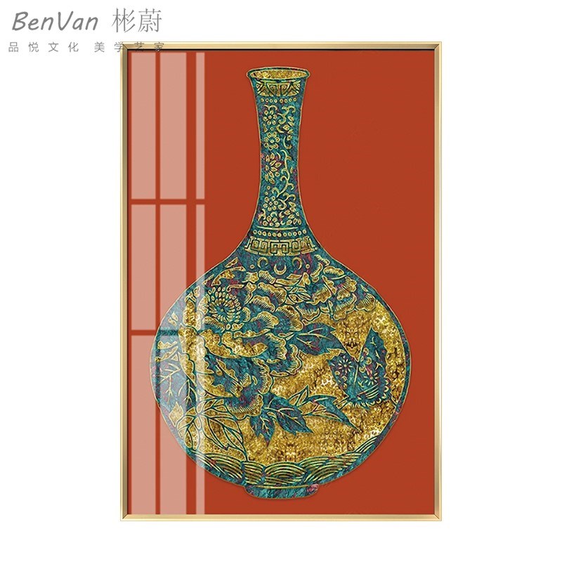 晶瓷画新中式陶瓷花瓶橙色中国风装饰画玄关书房S卧室挂画壁画定图片