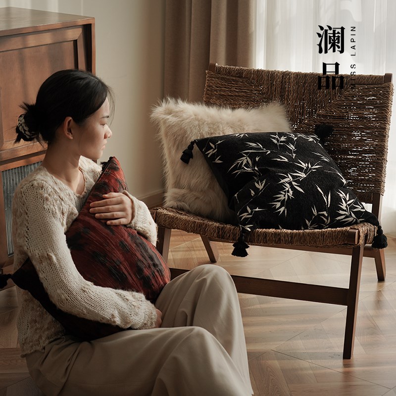 澜品墨缘f墨色流苏竹纹抱枕狐毛靠枕中式客厅靠垫沙发腰枕靠
