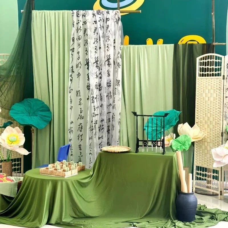 新中式茶歇布置桌布甜品台装饰台布中秋节巴厘纱褶皱布芝士桌旗