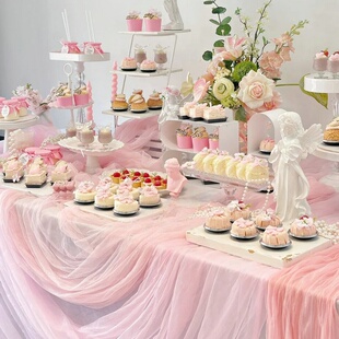生日婚礼氛围感布置粉色甜品台装饰褶皱桌布桌旗网纱沙龙场景布置