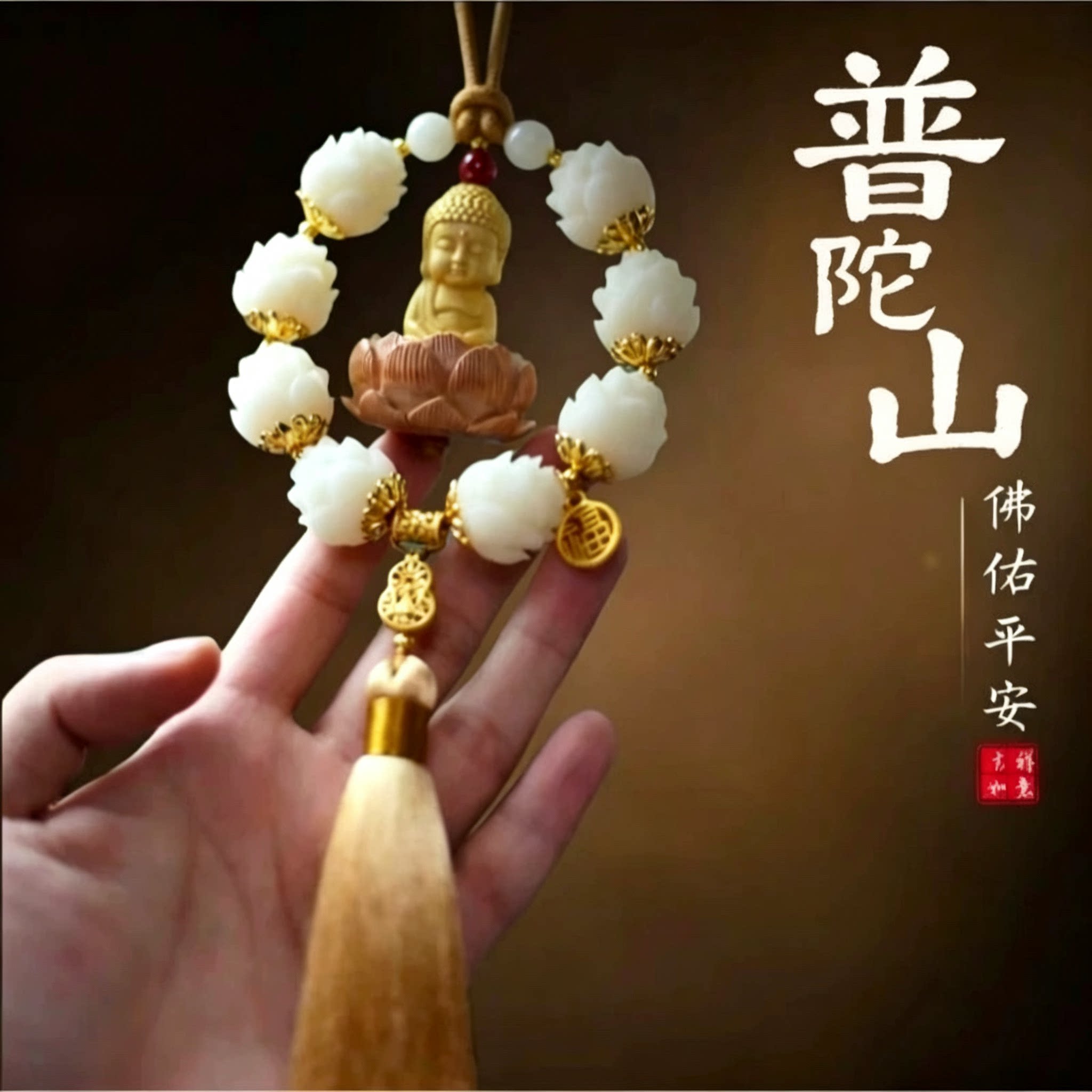 普陀山莲花佛像汽车后视镜挂件车内吊饰桃木车载高档饰品吊坠挂饰