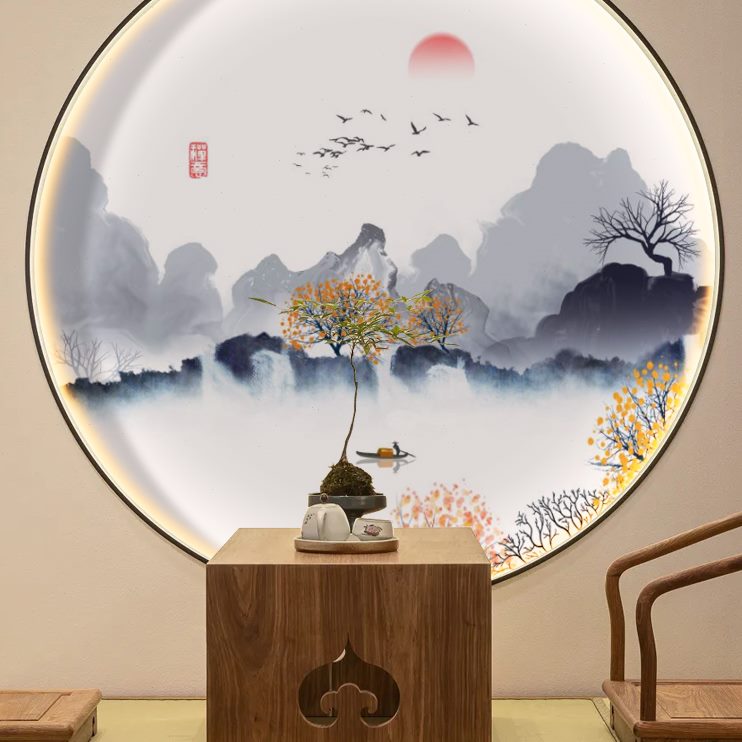 大气弧形新中式走廊背景墙圆形玄关装饰画山水壁纸过道进门水墨布图片