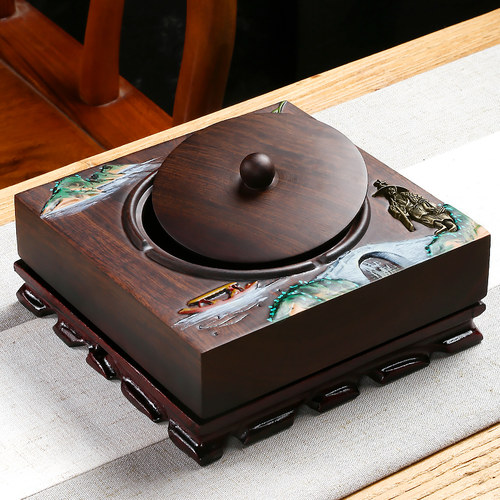 黑檀实木烟灰缸带盖家用防风烟灰缸创意个性潮流客厅大号复古中式