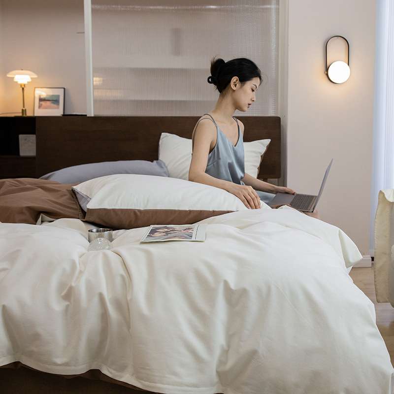 屿川优选丨双拼简约60支全棉轻磨毛四件套纯棉被套学生宿舍三件套