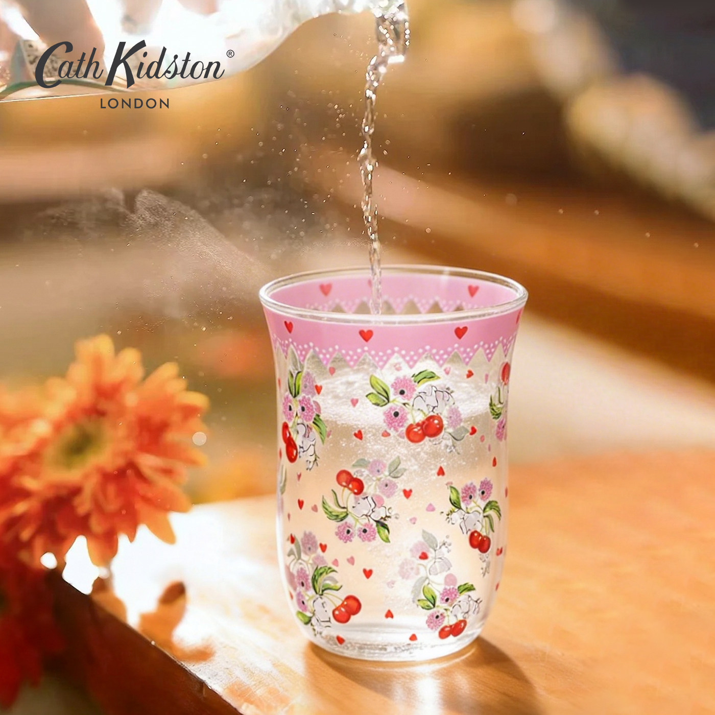 Cath Kidston可爱玻璃杯高棚硅樱桃杯少女心高颜值水杯水果汁杯子