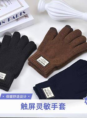 韩款玉米条纹手套保暖御寒加绒加厚纯色可触屏秋冬季骑车骑行男士