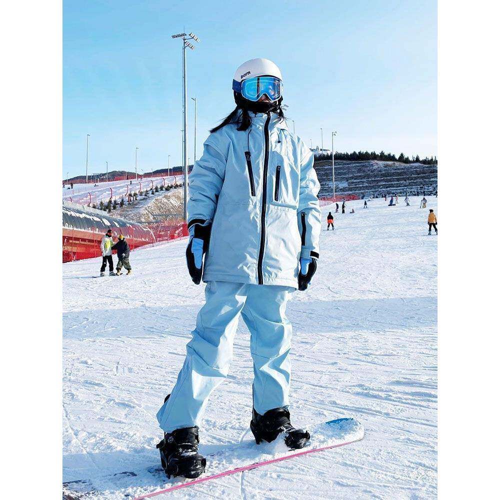 蓝色情侣滑雪服男防风零下40度防寒服加绒雪地服单双板滑雪裤套装