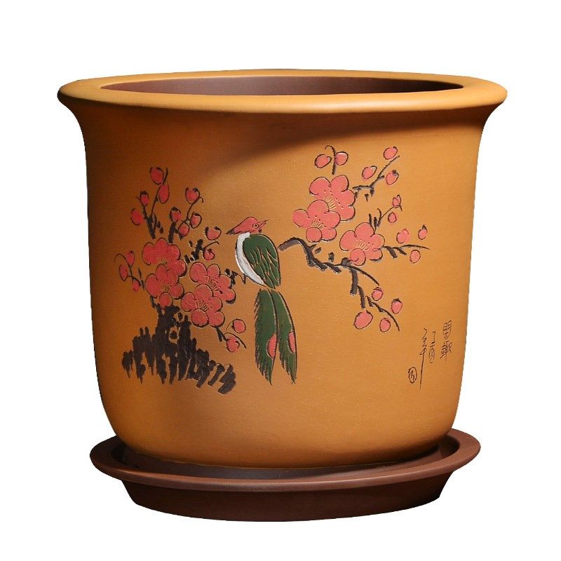 紫砂花盆 宜兴手工彩绘花开富贵大发财树 虎皮兰君子兰兰花兰草盆