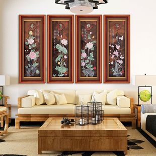 中式客厅沙发背景墙装饰立体浮雕画梅兰竹菊条屏玉雕壁画实木挂画