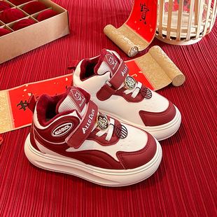 儿童红色板鞋男童二棉鞋冬季加绒高帮本命年男鞋大童男孩新年鞋子