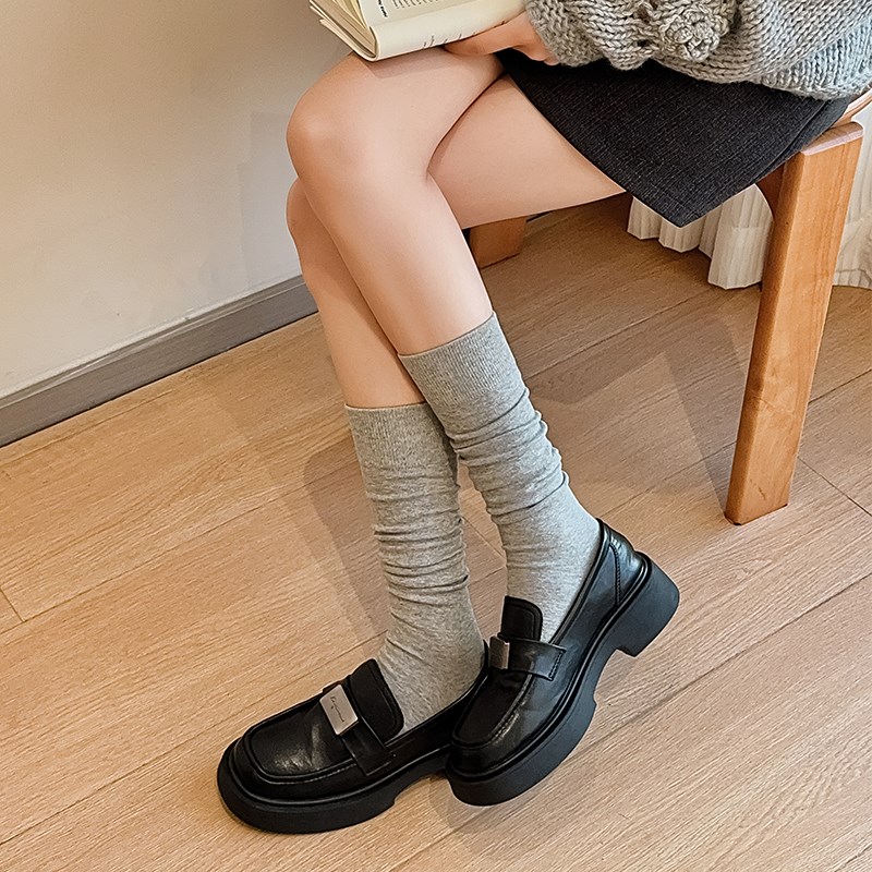 不会丢的袜子 秋冬黑色白色小腿袜女纯棉灰色长筒无骨长袜配靴子