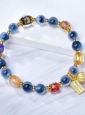 多宝半糖潘家园手串香灰琉璃金箔蓝糖心玛瑙多彩莲蓬手链男女情侣