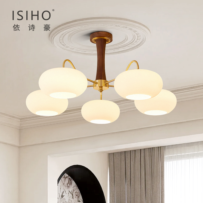 复古客厅吊灯中古柿子灯日式侘寂风全铜胡桃木卧室餐厅.灯北欧灯