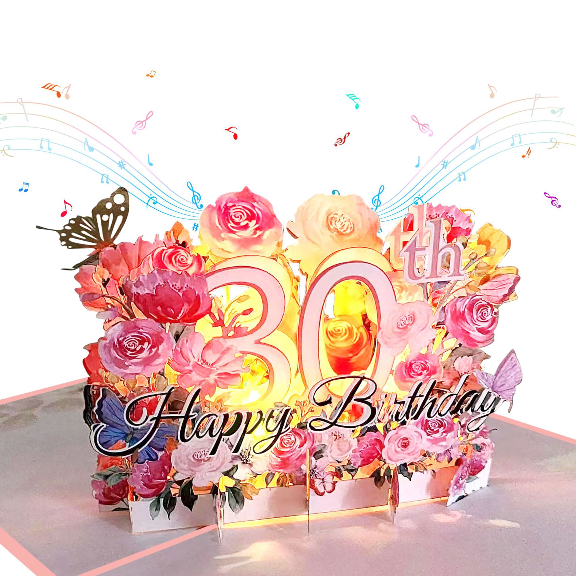 创意七彩灯光生日音乐立体贺卡数字花朵生日发光有声3D弹出式卡片