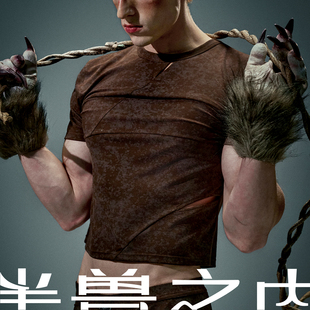 半兽之内危险关系男士短袖天丝莱赛尔T恤镂空不对称解构上衣