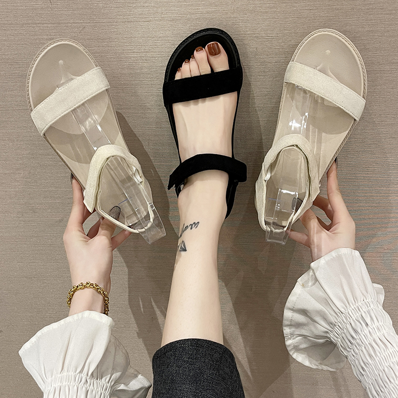 黑色凉鞋女仙女风平底鞋2023新款夏季软底厚底沙滩运动一字带凉鞋