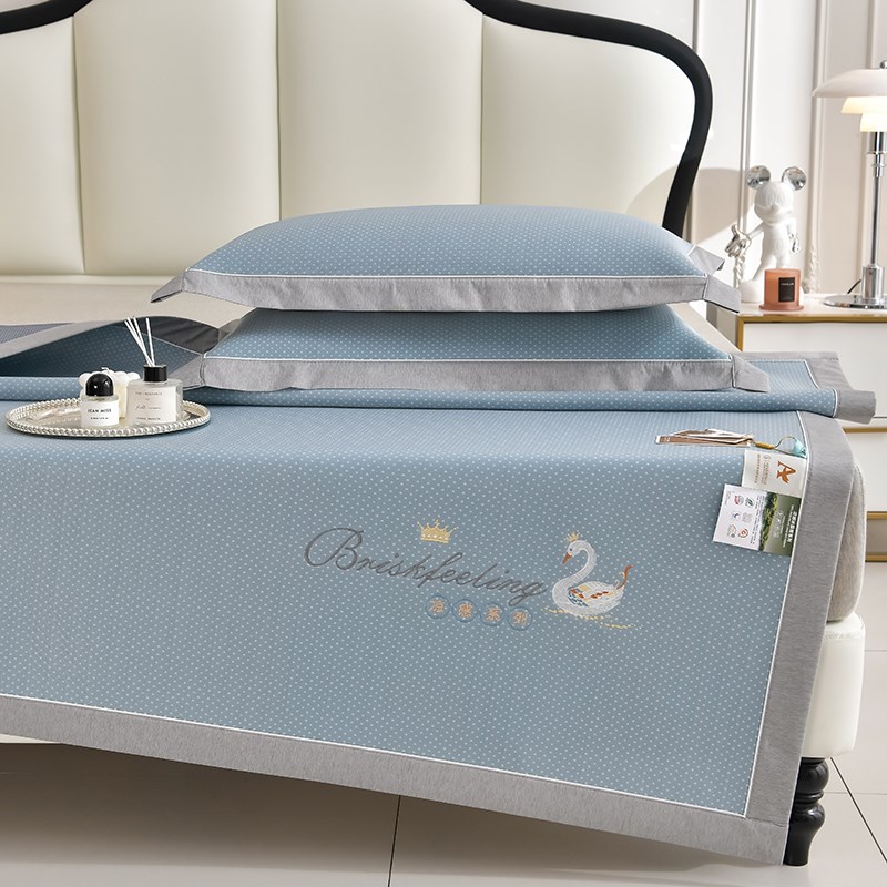 冰丝席三件套刺绣凉席夏季丝滑空调软席子单双人家用轻奢风冰藤席