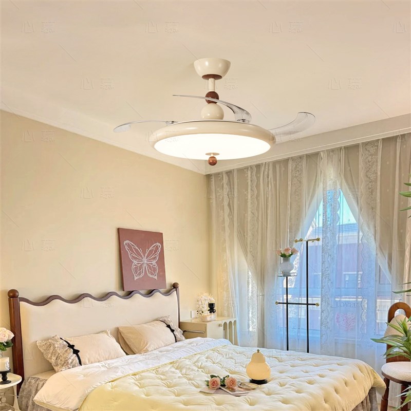 【国补】心慕中古风扇灯新款法式奶油风电扇灯餐厅卧室隐形吊扇灯