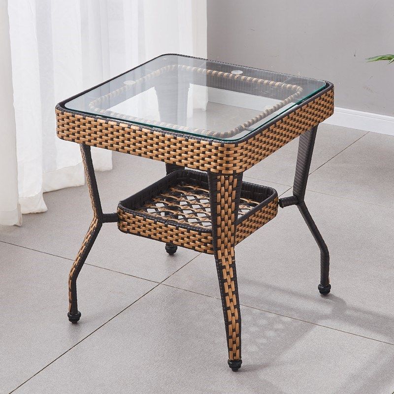 阳台花园小圆桌简约休闲咖啡桌小户型塑料藤编床头桌钢化玻璃茶几