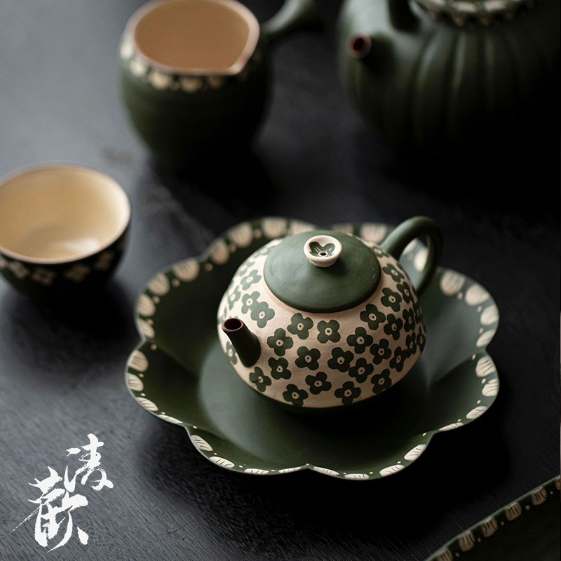 清欢丨手作粉引今游壶 釉下彩手绘小花仿古茶壶 文人雅玩手执壶