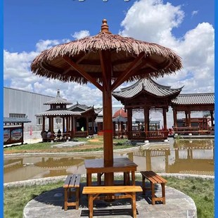 户外蘑菇亭防腐木塑料稻草 仿真茅草亭 实木单柱圆亭子伞亭斗笠亭