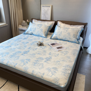 夏季 单双人1.5m1.8米空调软席子 冰丝凉席三件套印花可水洗床笠款