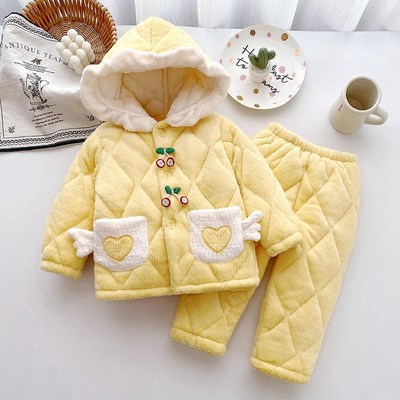 女童连帽花边睡衣冬季牛奶绒睡衣三层夹棉加厚公主风女孩厚家居服