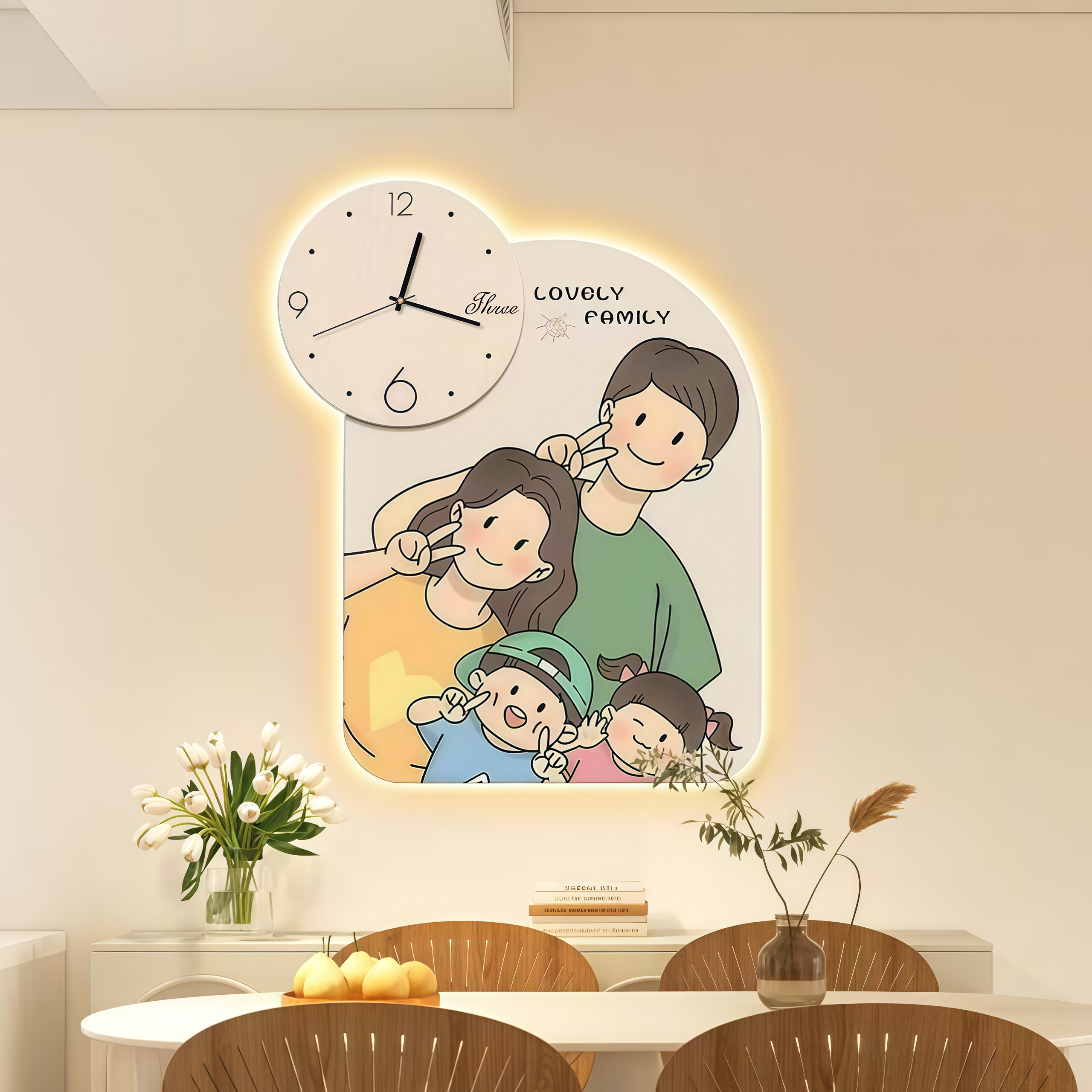 一家三口四口钟表挂钟客厅家用网红餐厅装饰画创意时钟挂墙壁灯图片