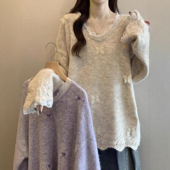 法式 软糯毛衣打底衫 蕾丝针织衫 时尚 V领宽松显瘦上衣 女装 大码