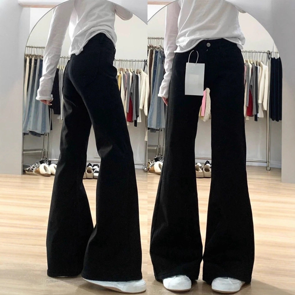 大码黑色弹力微喇叭牛仔裤女春秋胖mm梨形身材高腰显瘦直筒马蹄裤