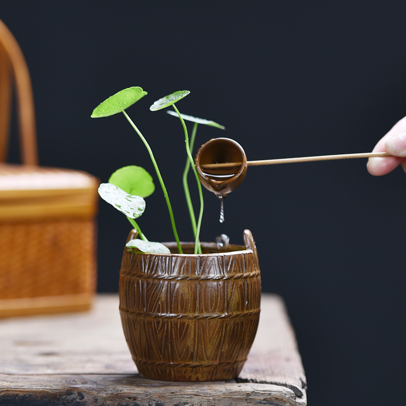 创意水缸水桶复古陶瓷迷你小花器家居水培铜N钱草茶桌摆件装饰花