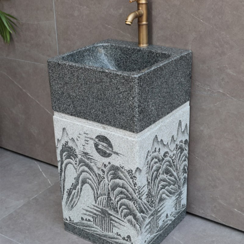 大理石立柱盆户外一体落地式w脸盆石材洗手盆庭院水池台盆中式家