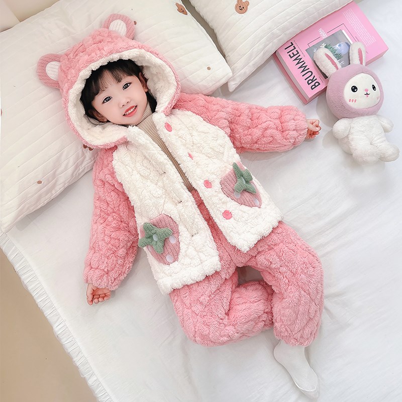 女童睡衣2024新款冬季加绒加厚珊瑚绒儿童冬款宝宝家居服三层夹棉