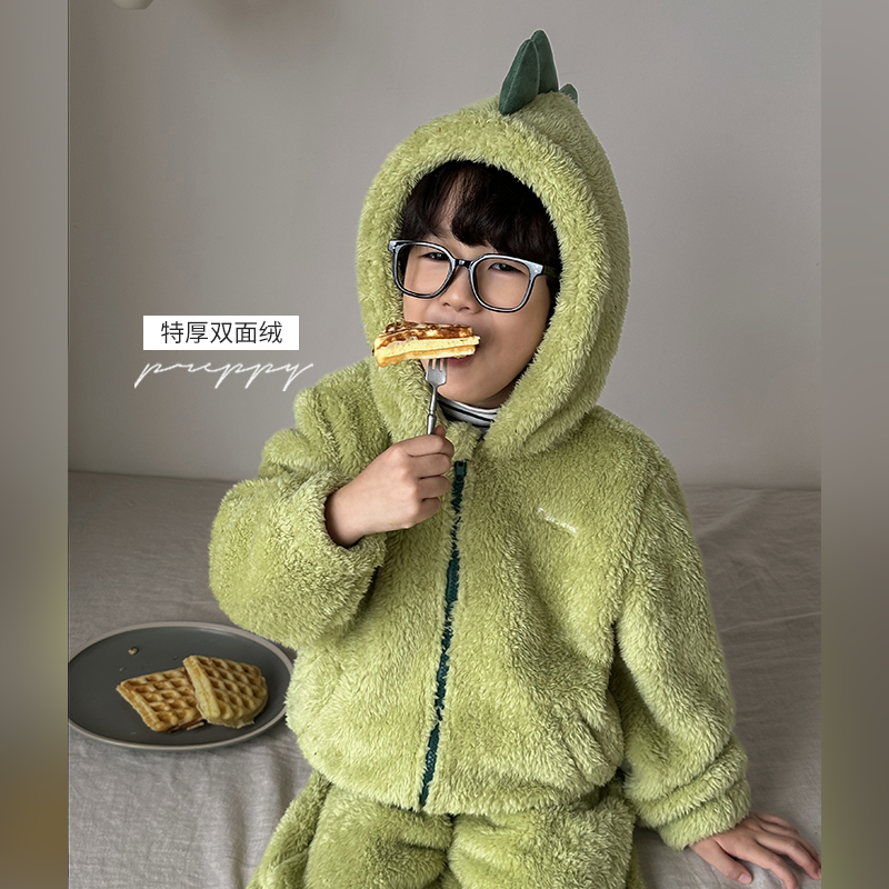 陈大猪男童睡衣珊瑚绒秋冬家居服套装2023新款加厚加绒保暖冬装