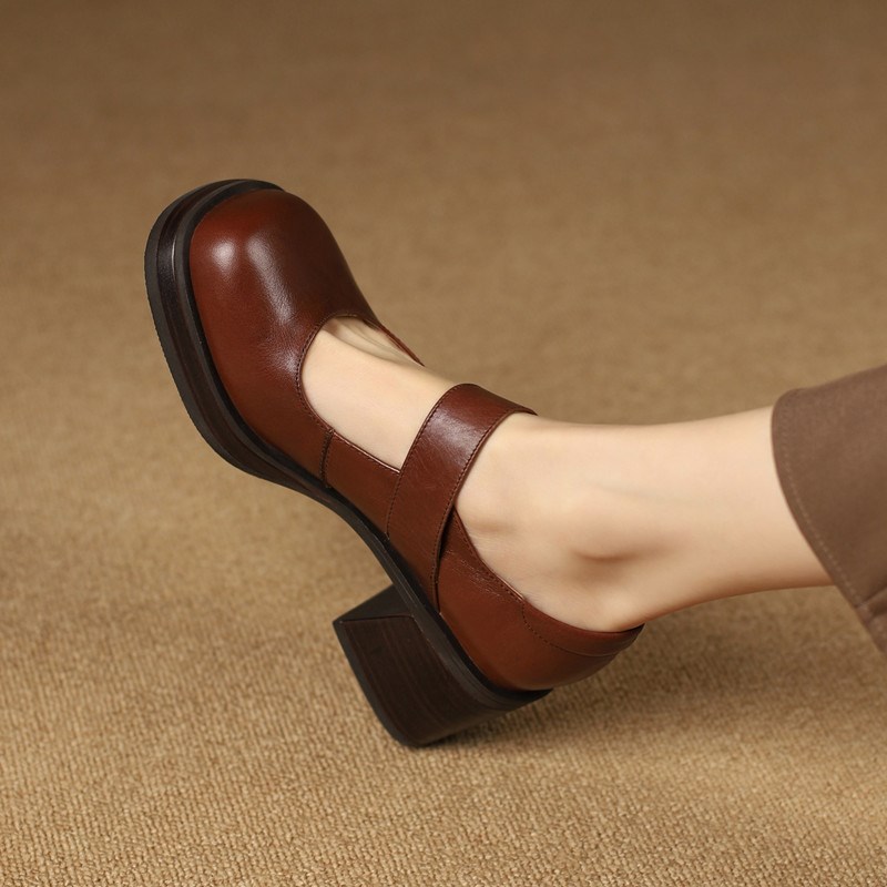 2025春夏新款真皮厚底复古浅口玛丽珍鞋女粗跟松糕底圆头擦色单鞋