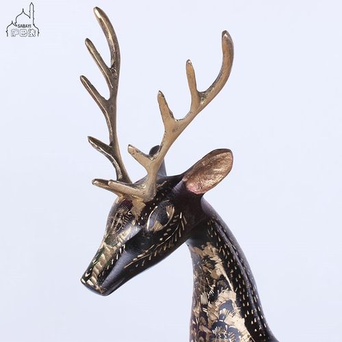 巴基斯坦铜器动物对鹿手工工艺黑漆彩一对鹿家居装饰摆件结婚礼品