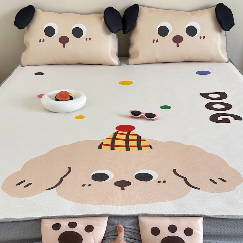立体卡通小狗冰丝席三件套900D夏季空调软凉席子床笠款可水洗折叠