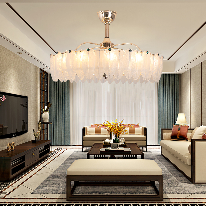 羽毛轻奢餐厅风扇吊灯内外双层+变频铜电机+遥N控+智能语音+6 档