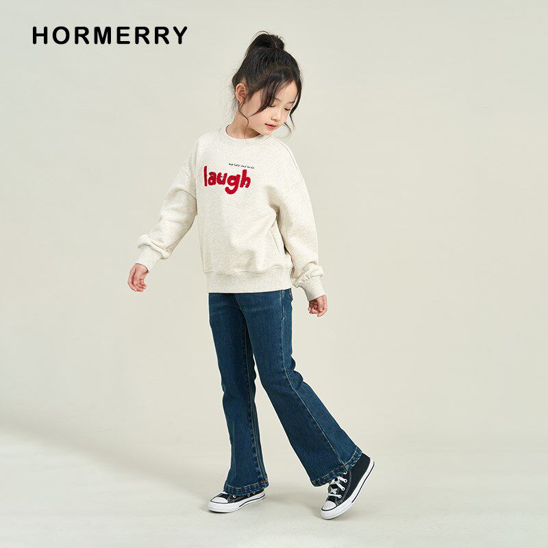 赫米童装2024秋冬女童加绒弹力牛仔喇叭裤中大童牛仔长裤洋气百搭