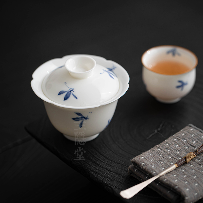 圭隐堂手绘蝴蝶兰花陶瓷盖碗手工薄胎家用泡茶碗防烫手抓碗分茶器