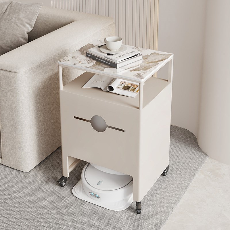 扫地机器人基站上方置物架收纳柜鱼缸架带轮扫地机岩X板边几奶油