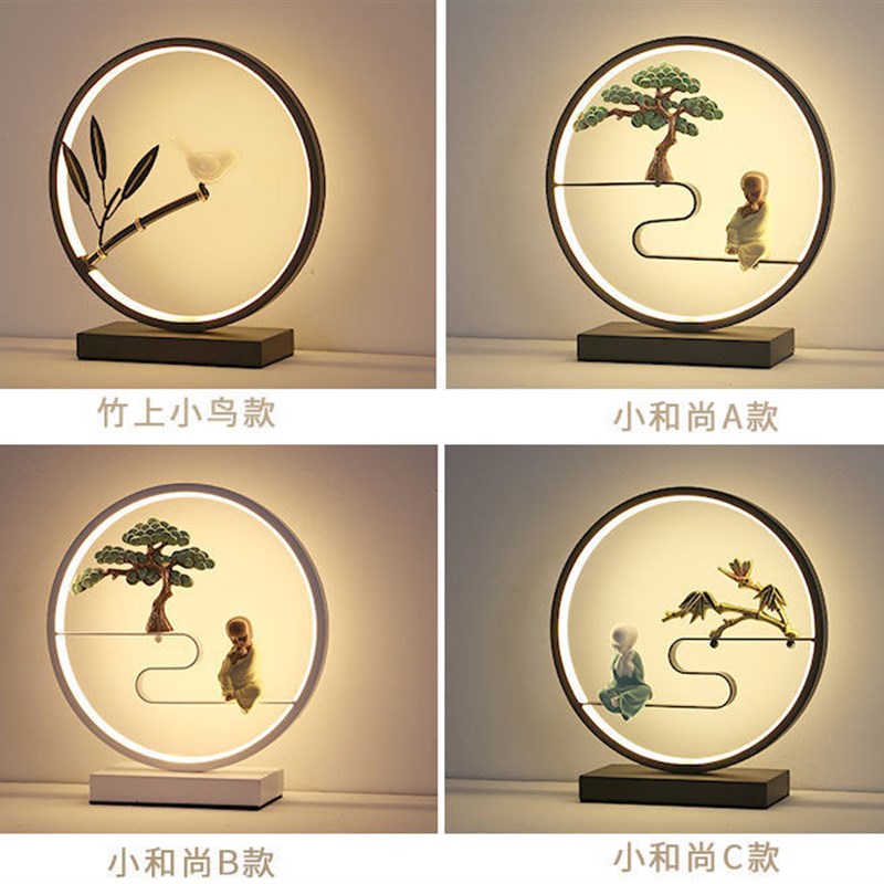 新中式台灯卧室床头灯禅意复古客C厅创意带开关线卡通调光智能台