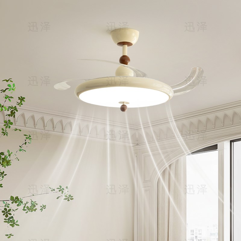 奶油风风扇灯餐厅吊灯法式中古电扇灯隐I形无叶吊扇灯卧室灯吸顶